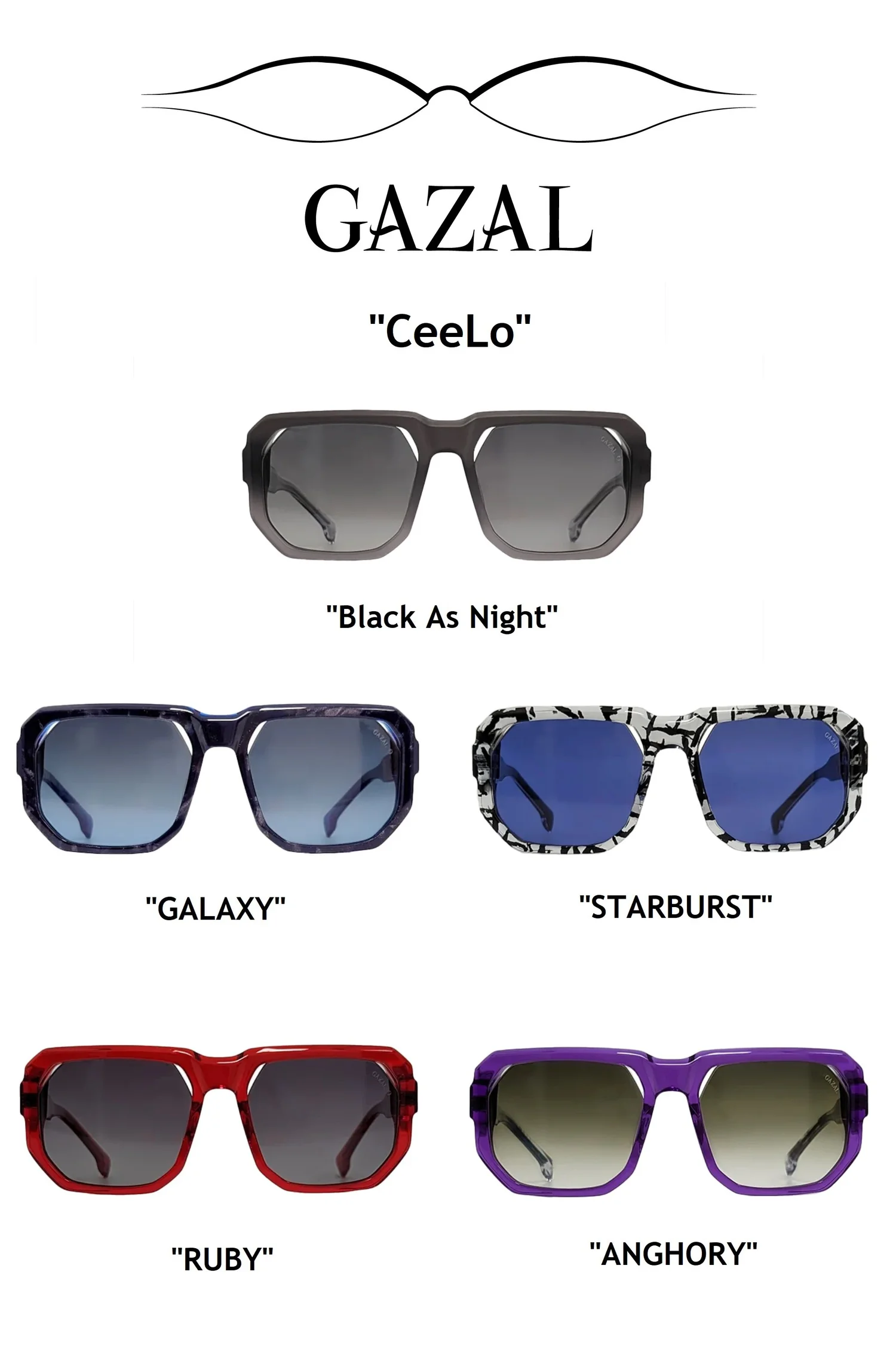 The CeeLo Green x Gazal Eyewear collection in all five colorways — Galaxy, Ruby, Starburst, Black As Night, and Anghory