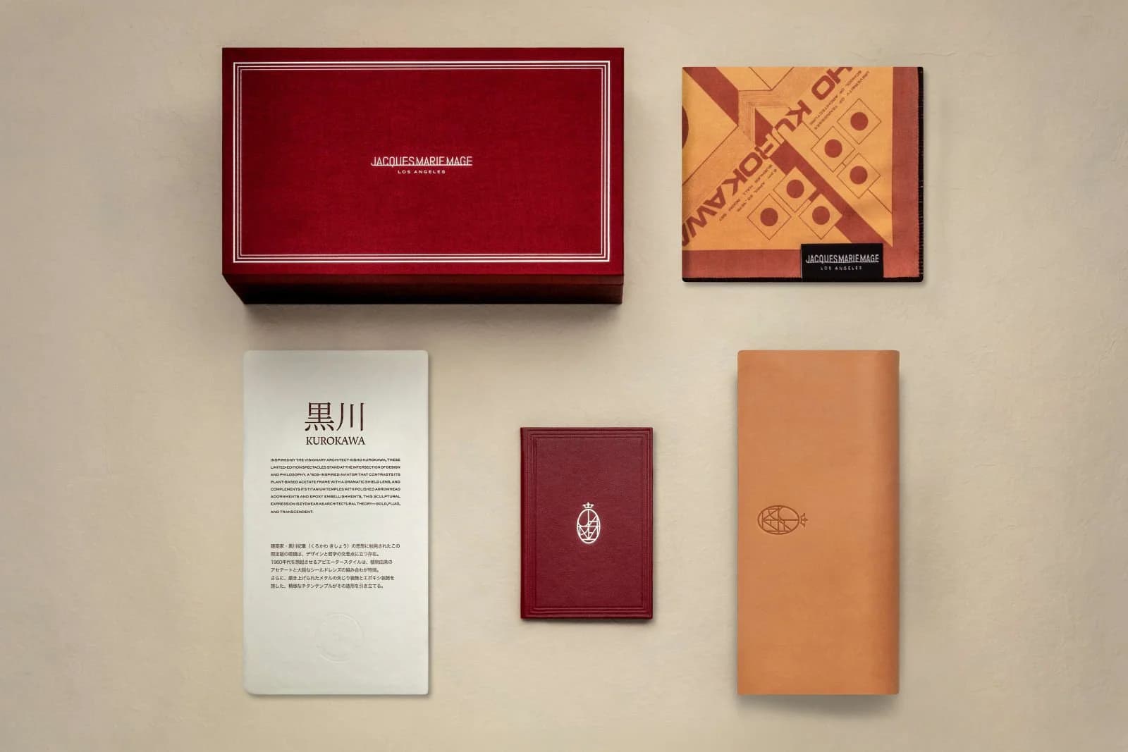 KUROKAWA Kyosho Collection packaging — Bordeaux Empire monograph box, leather case, dual-sided microfiber cloth, and numbered washi-paper certificate